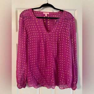 Lilly Pulitzer hot pink and gold-flecked sheer top